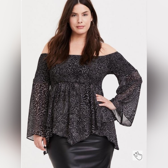 torrid Tops - Torrid Babydoll Chiffon Smocked Off-Shoulder Top Animal Print Black Grey Size 5